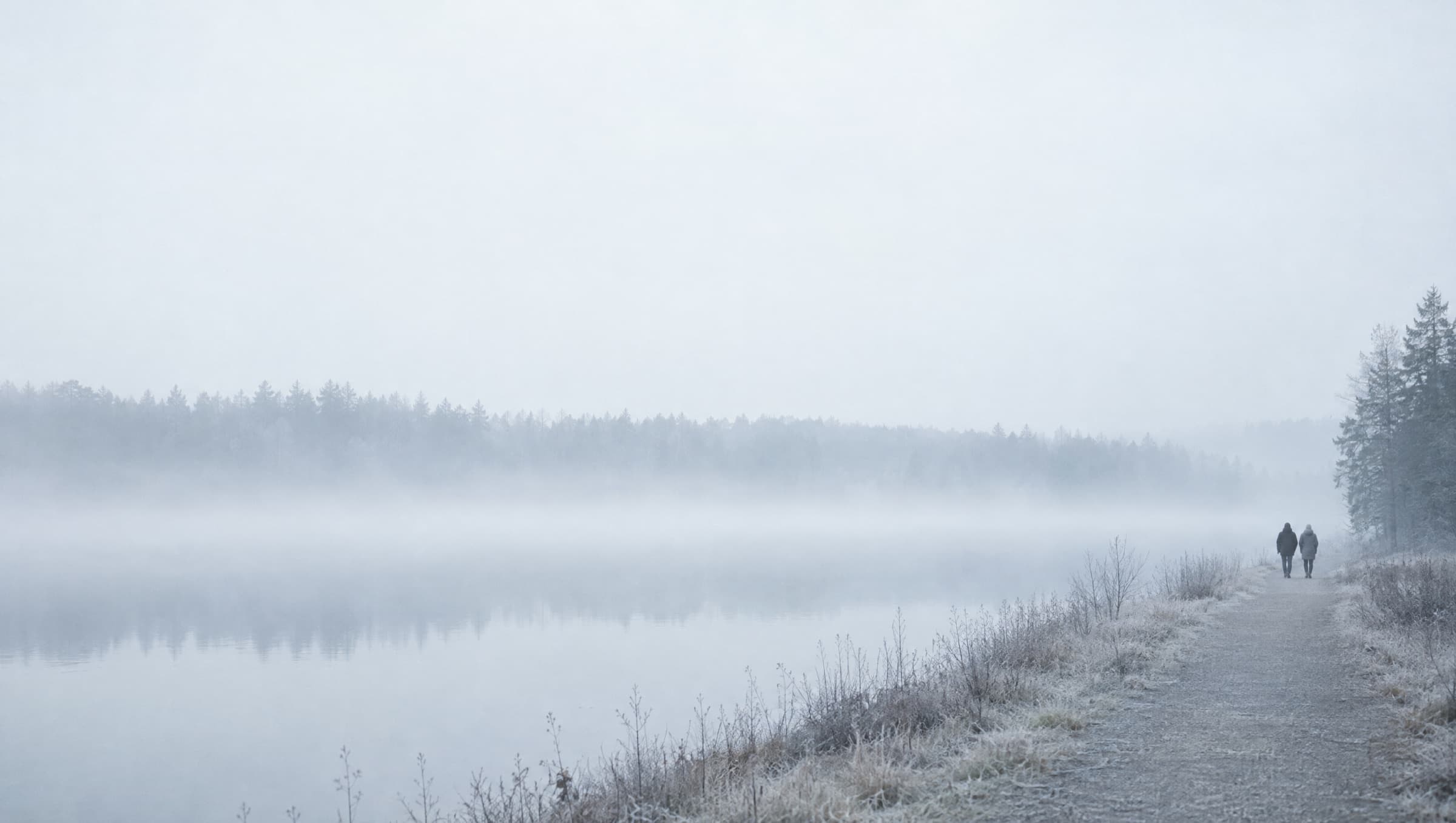 Two people walking along a misty lakeshore
